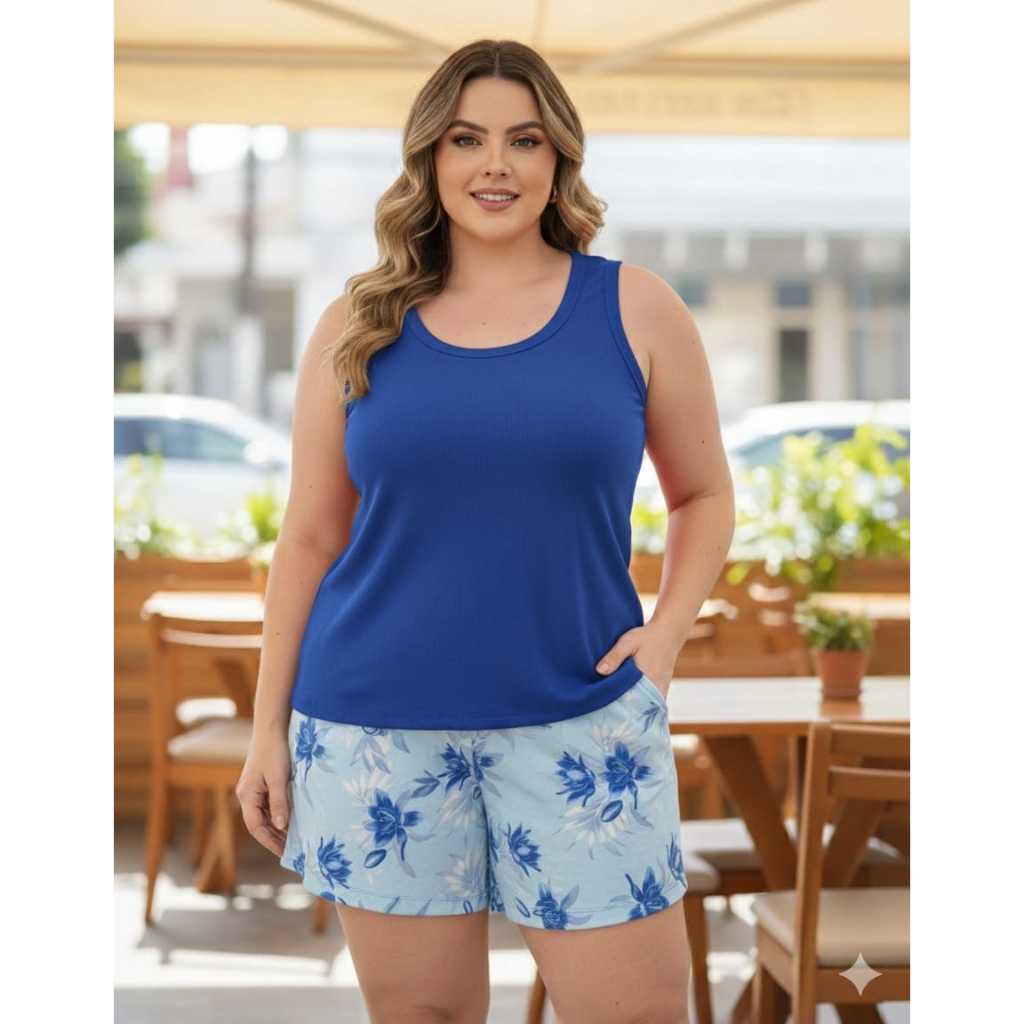 Conjunto Feminino verão Short estampado + Blusa Regata M G GG