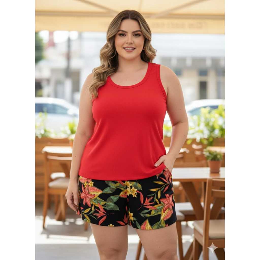 Conjunto Verão Short + Blusa Regata canelada Confortável Feminino Leve M G GG