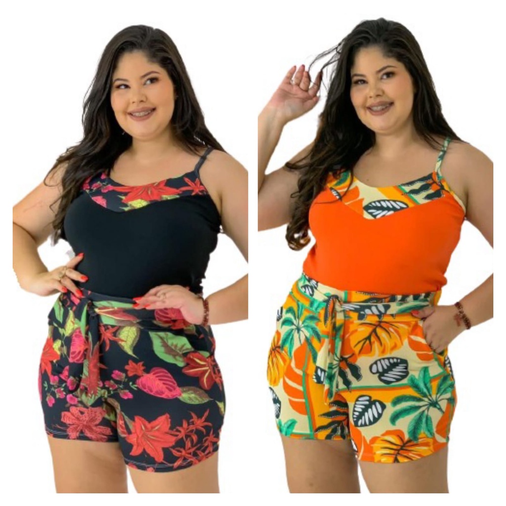 Kit 2 conjuntos feminino moderno blusa regata e short com bolso e cinto G 44-46