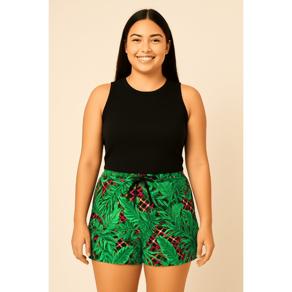 Conjunto Feminino Verão Leve Short Estampado em Viscose e Blusa Regata Canelada GG veste 44 ao 46