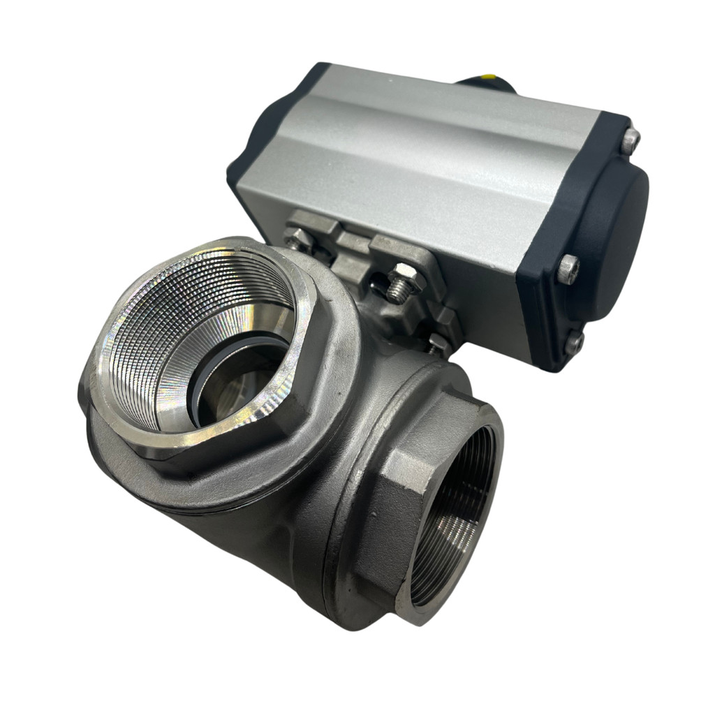 Válvula 3 Vias Esfera Fluxo em L Inox Rosca 2 Polegadas Bsp com Atuador Pneumático Dupla Ação