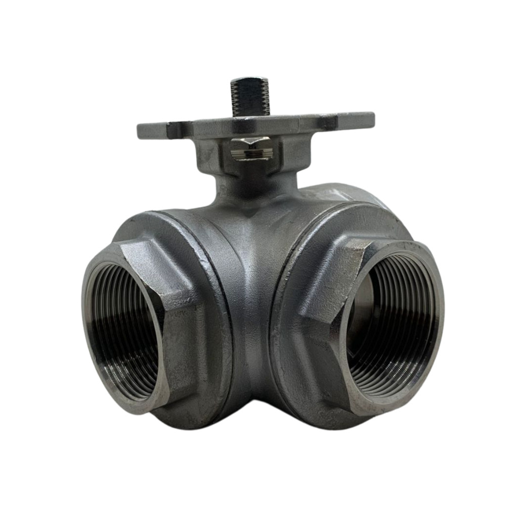 Válvula Esfera 3 Vias Inox 304 Rosca 1 Polegada com Base para Atuador Pneumático ou Elétrico