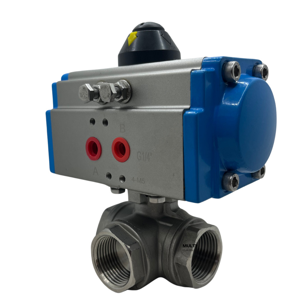 Válvula 3 Vias Esfera Fluxo em L Inox Rosca 1/2 Polegada BSP com Atuador Pneumático Retorno Mola Simples Ação