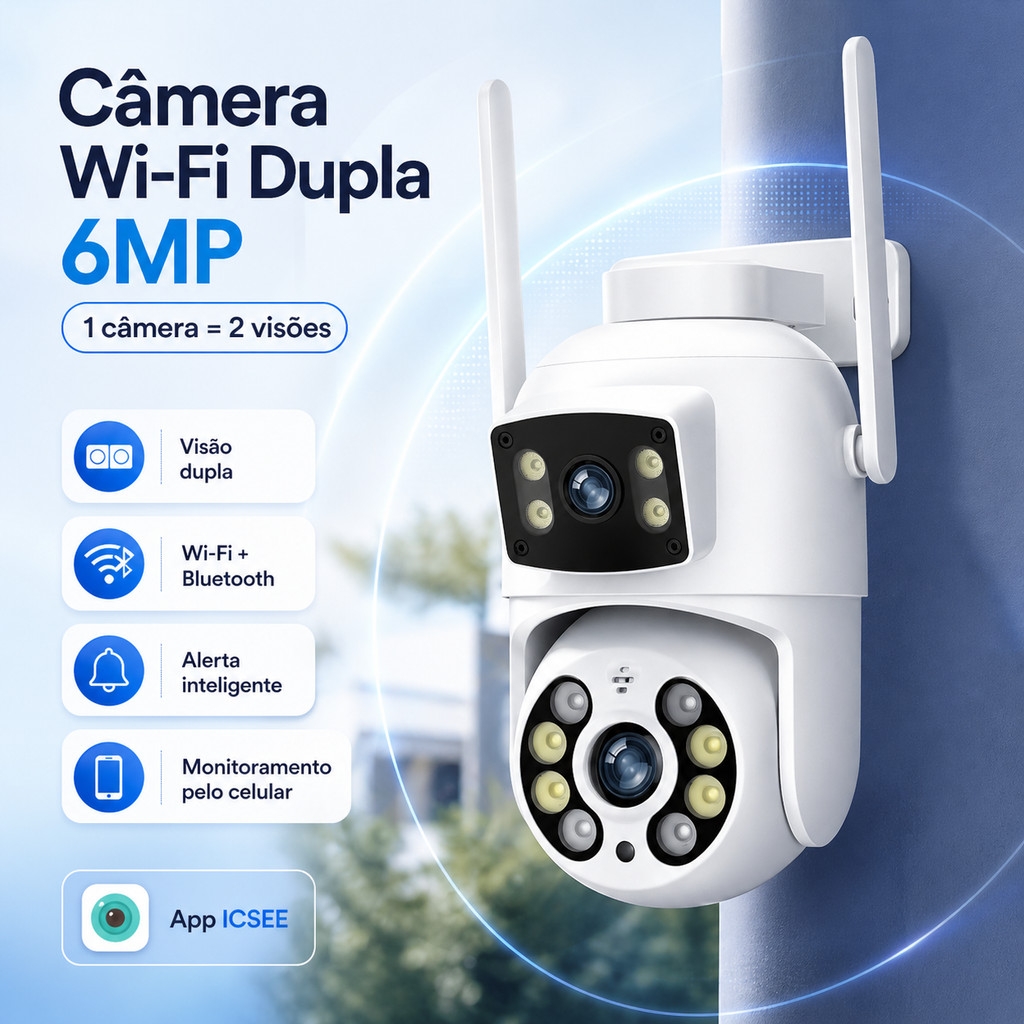 Câmera Segurança WiFi 6MP Dupla Lente PTZ Visão Noturna ICSEE