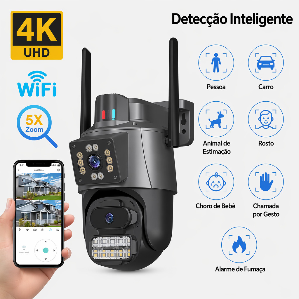 Câmera WiFi Dupla 6MP com Detecção de Movimento Visão Noturna e Luz de Alarme