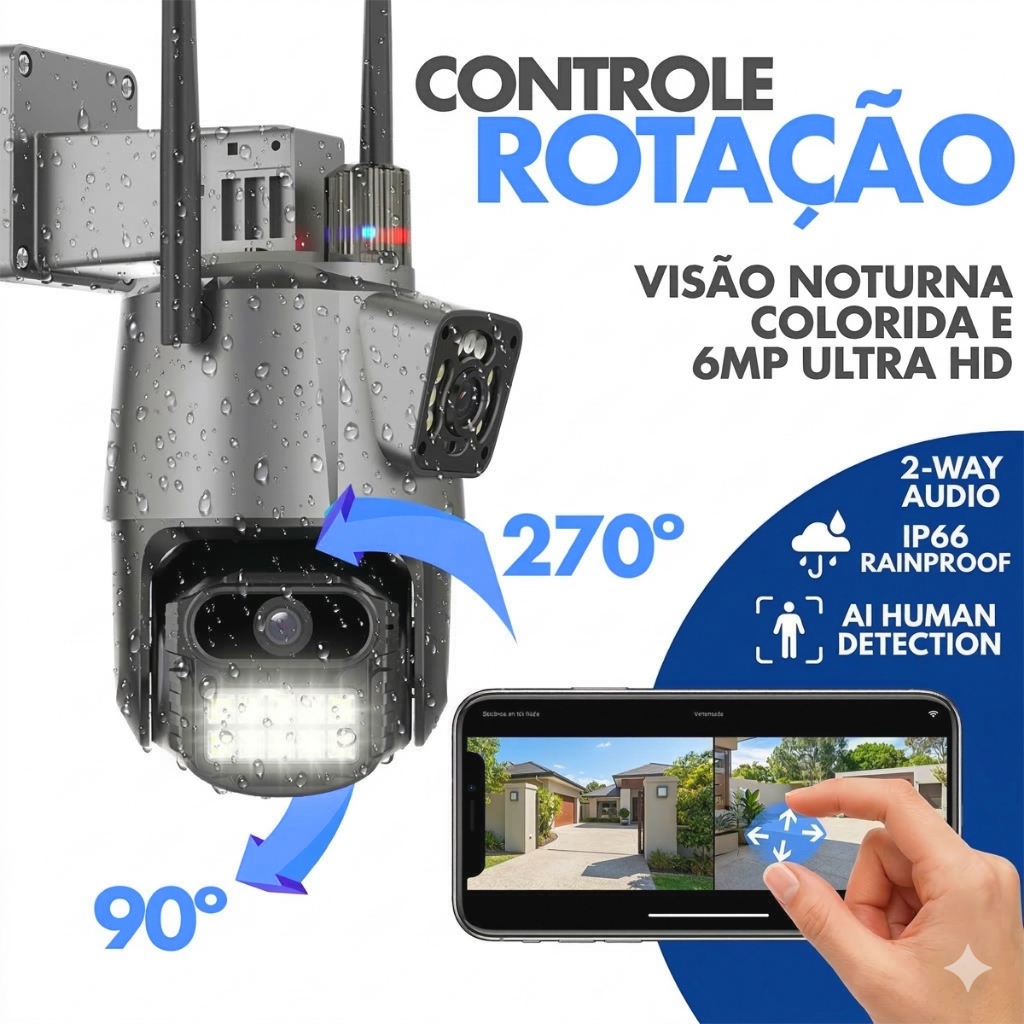 Câmera Segurança Externa Resolução 6MP Dupla Lente Wifi - Visão Noturna Colorida e Rotação 360º P11-QQ6