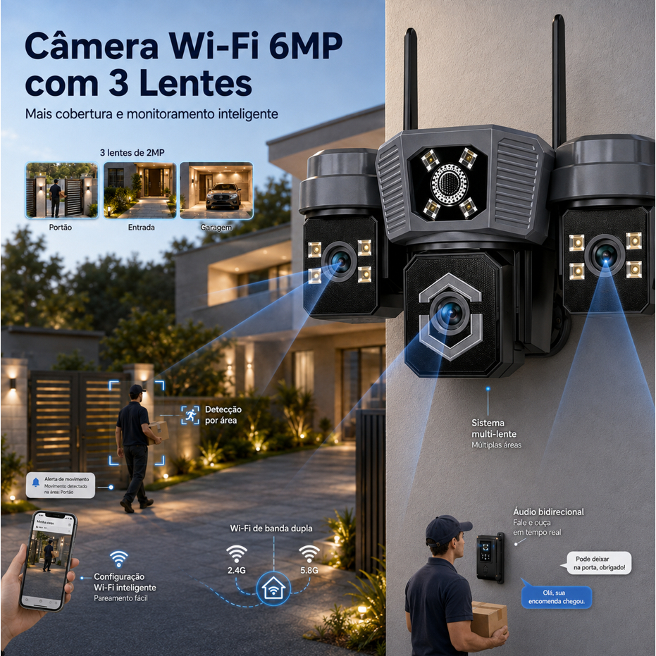 Câmera de Segurança Wi-Fi 6MP com 3 Lentes, Dual Band 2.4G/5.8G, Visão Noturna Colorida, Áudio Bidirecional, Detecção de