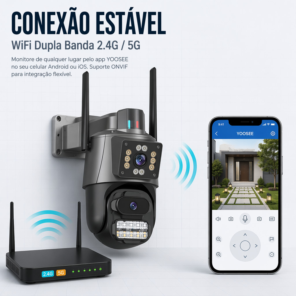 Câmera WiFi Externa Dupla Lente 6MP PTZ Visão Noturna Colorida Áudio Bidirecional