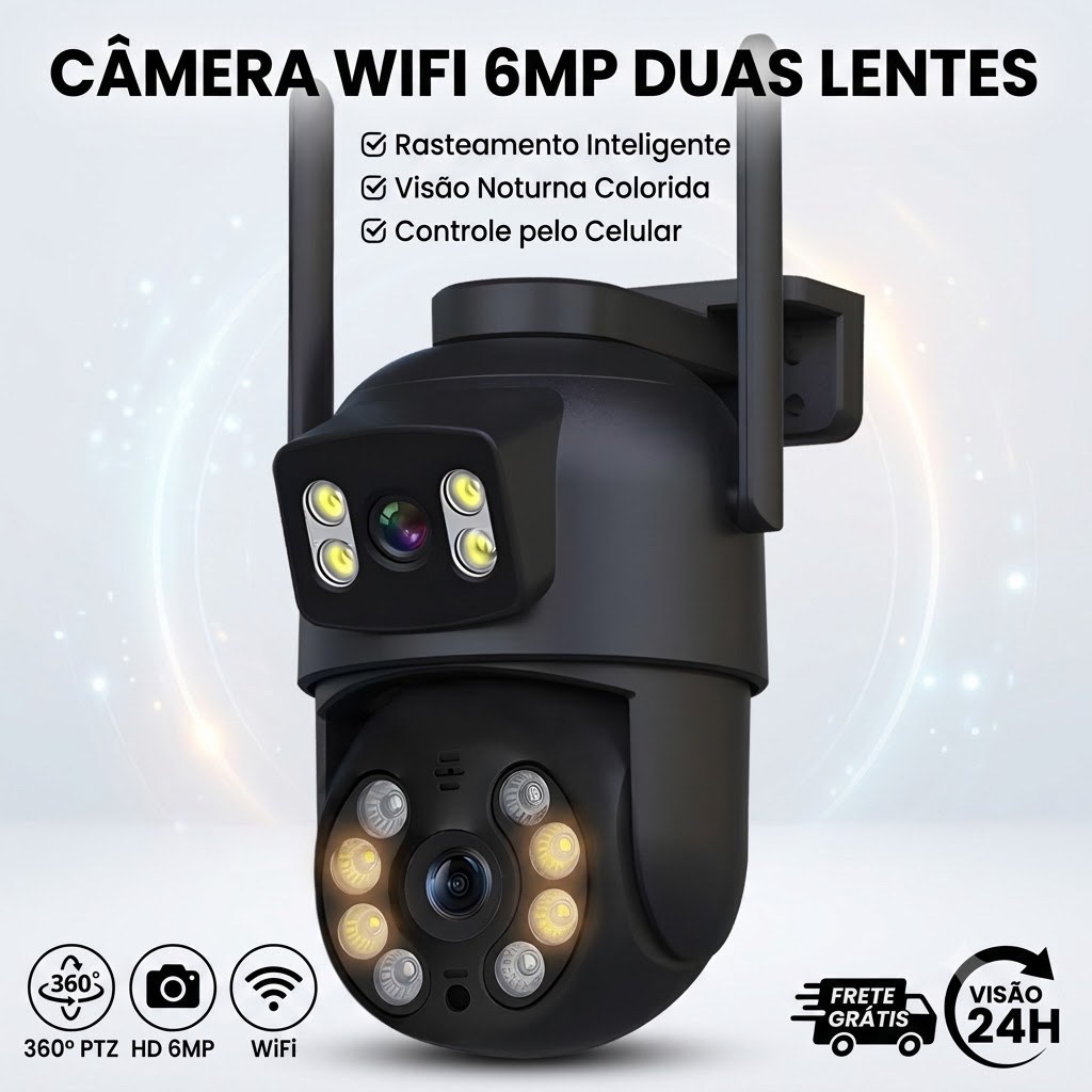 Câmera WiFi 6MP PTZ Dupla Lente 360° Visão Noturna Colorida Rastreamento IA