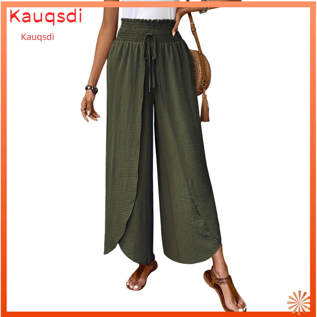 Women Solid Color Trousers Elastic Waist Women’s Pants High Side Split Breathable Loose Fit Wide Leg for Spring Summer