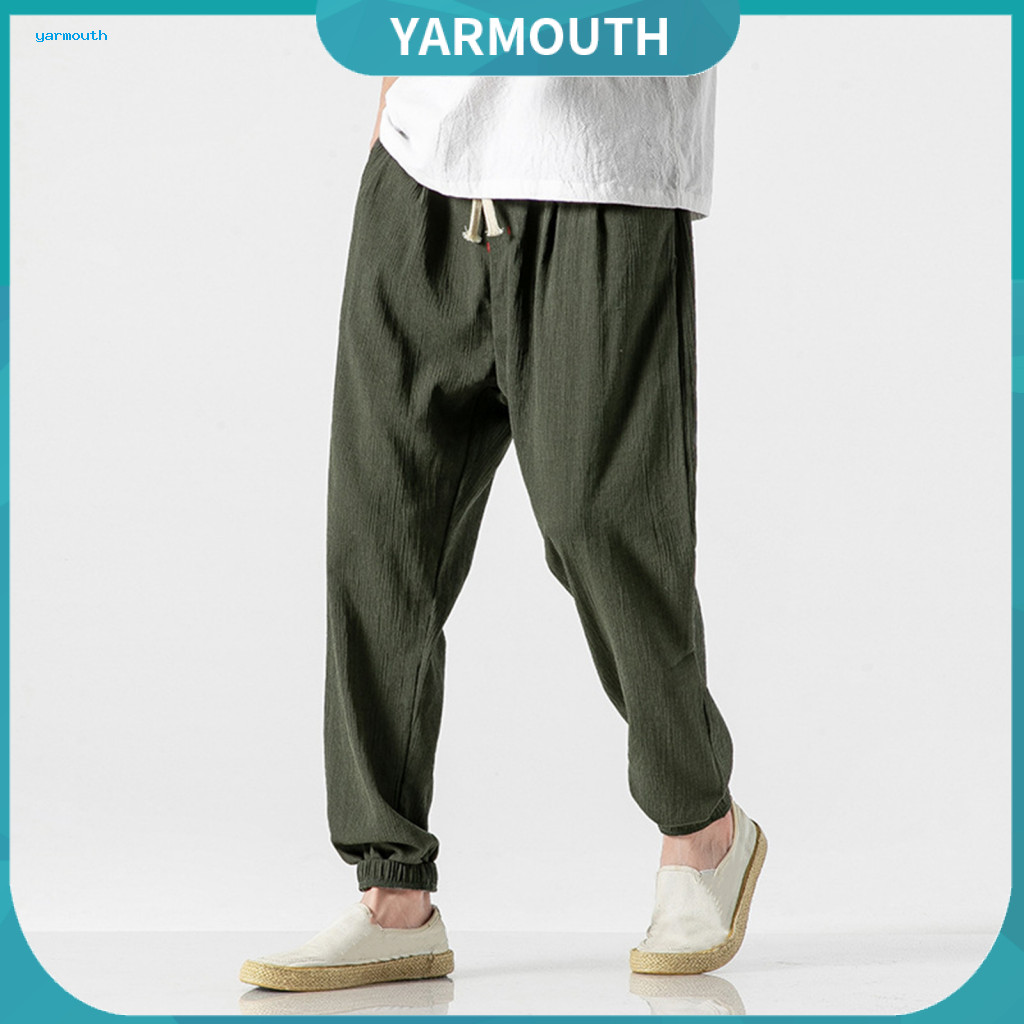 Elastic Waist Drawstring Pants Daily Wear Men Men's Spring Fall Harem Loose Fit Bloomers with Ankle Bands Deep Crotch fo