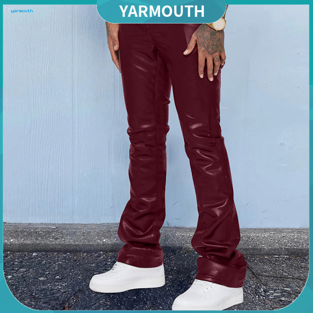 Spring Pants Straight-leg Faux Leather Men's Mid Waist Loose Fit Solid Color Hip Hop Streetwear Flared Trousers for Part