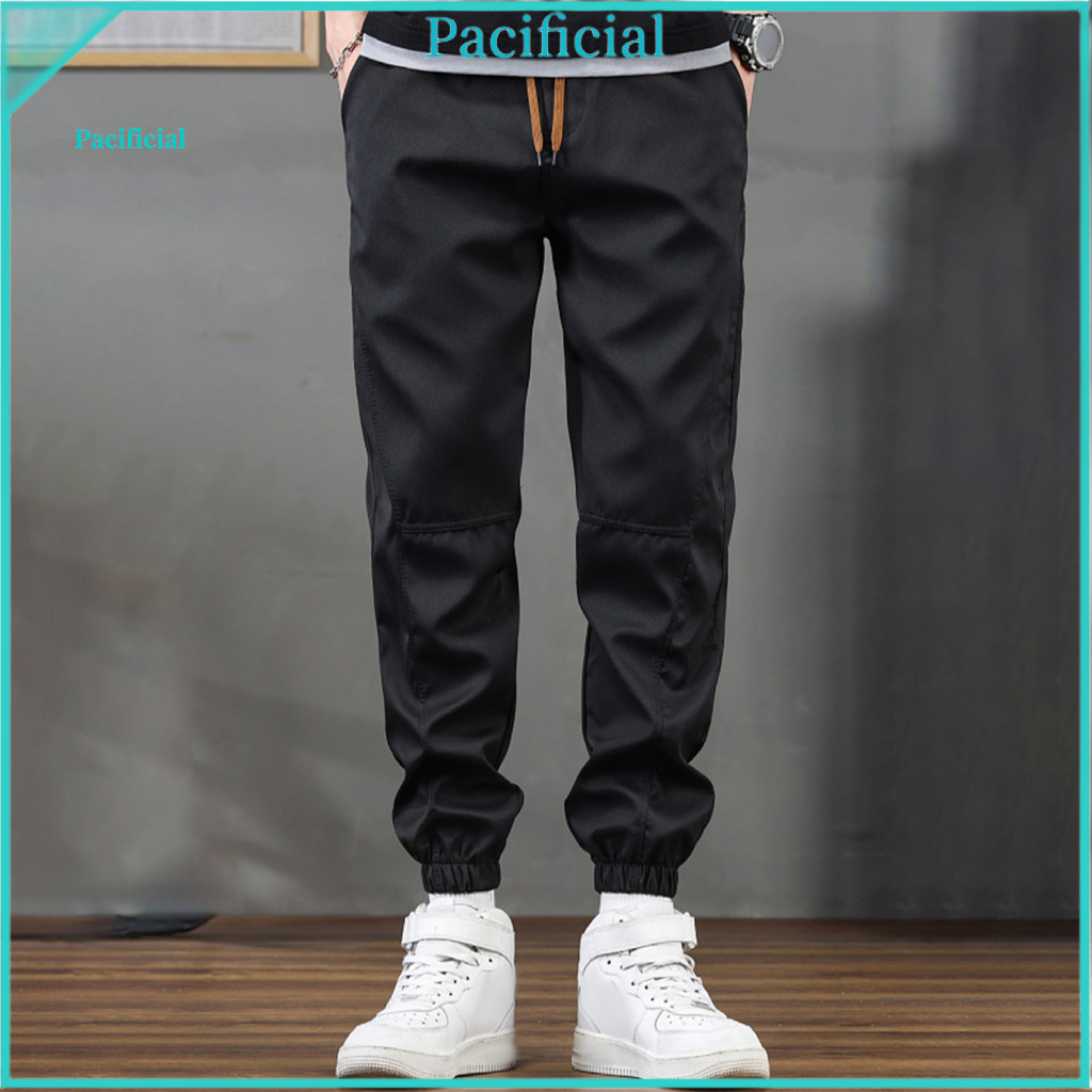 Elastic Waistband Pants Men Cargo Men's Spring Fall Loose Fit Waist Drawstring Multi Pockets Ankle Cuffs Plus Size Casua