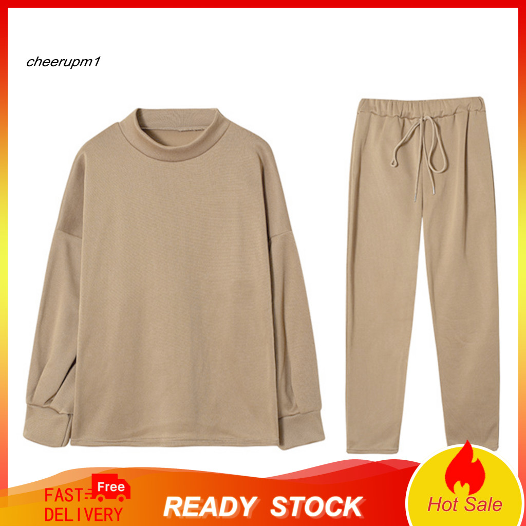 Sweatshirt Pants Set Women Top 2 Pcs Tracksuit High Collar Elastic Waist Loose Sport Outfit Casual Fall Spring Activewea