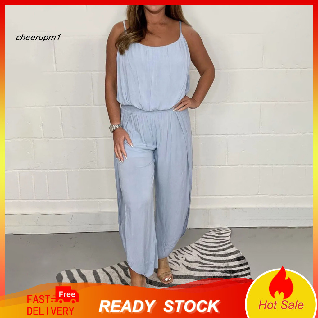 Women Jumpsuit Solid Color Women’s Backless Wide Leg Loose Fit Elastic Waist Collarless Vest Style Spring Summer Outfi