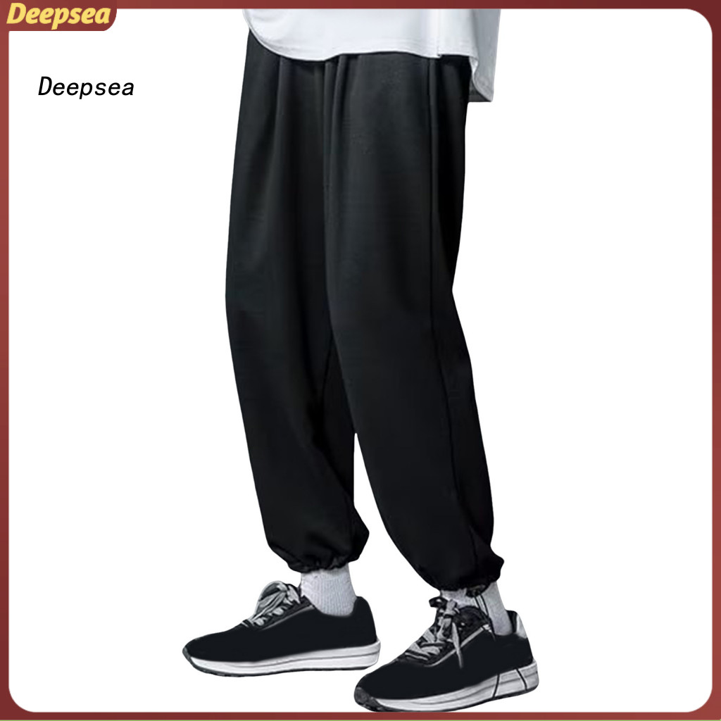 Men's Spring Fall Drawstring Pants Elastic Waist Wide Leg Loose Street Style Sport Trousers Plus Size Solid Color Casual