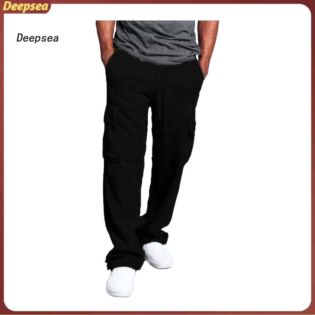 Men's Multi-pocket Drawstring Sweatpants Elastic Waist Wide Leg Joggers Plus Size Loose Fit Sport Trousers for Spring an