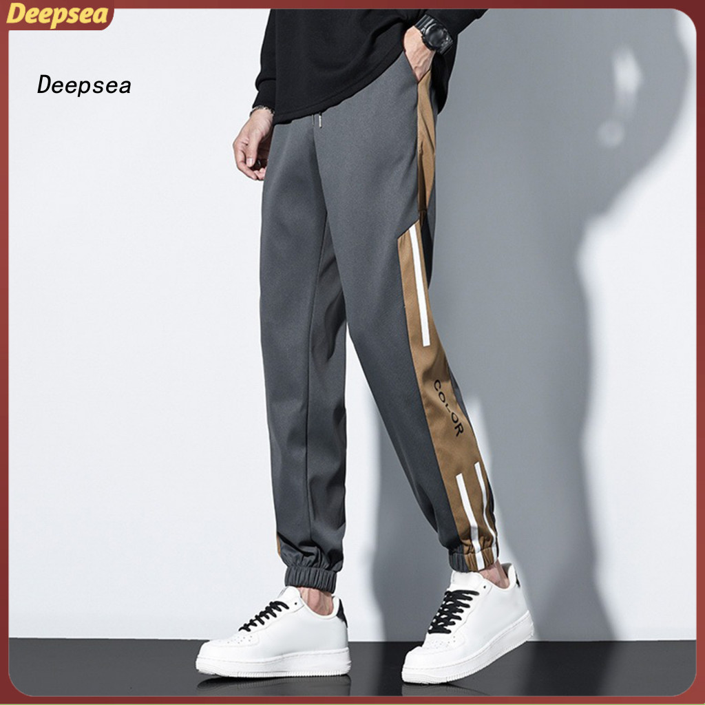 Men's Spring Fall Cargo Pants Loose Fit Drawstring Elastic Waist Sport Trousers with Pockets Ankle-banded Contrast Patch