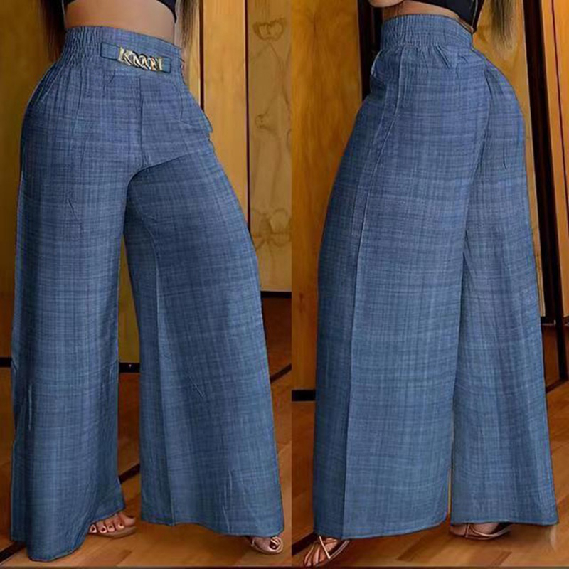 Summer Chain Decor High Waist Wide Leg Pants Spring Elegant Women Black Casual Pocket Loose Street Calças De Rua