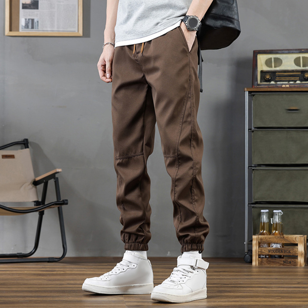 Elastic Waistband Pants Everyday Wear Trousers Men's Spring Fall Cargo Loose Fit Waist Drawstring Multi Pockets Ankle Cu