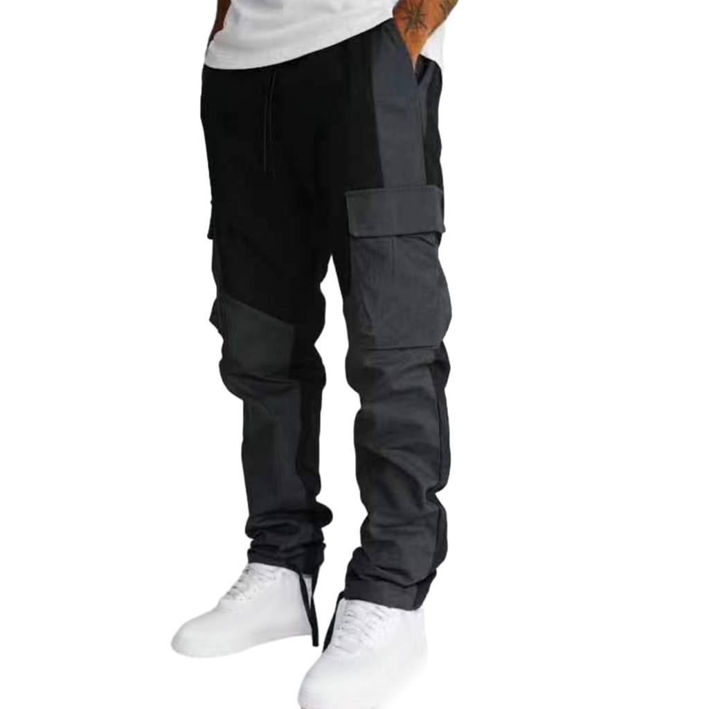 Elastic Waistband Cargo Pants Spring Men's Casual Sports Waist Breathable Patchwork Design Multi Pockets Loose Fit Mid-w