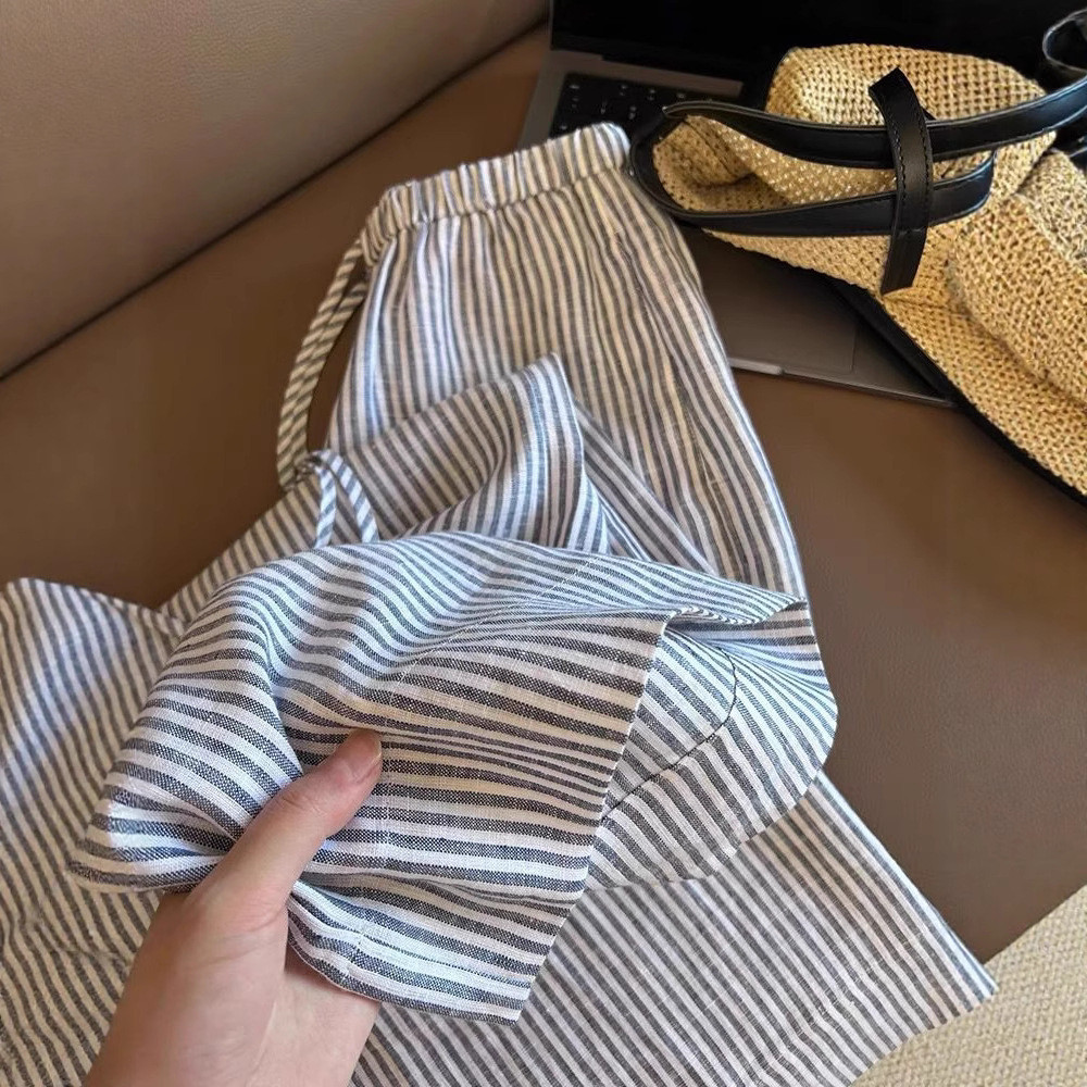 Striped linen casual pants for spring and summer, elastic waist, loose fit, drapey straight wide-leg trousers