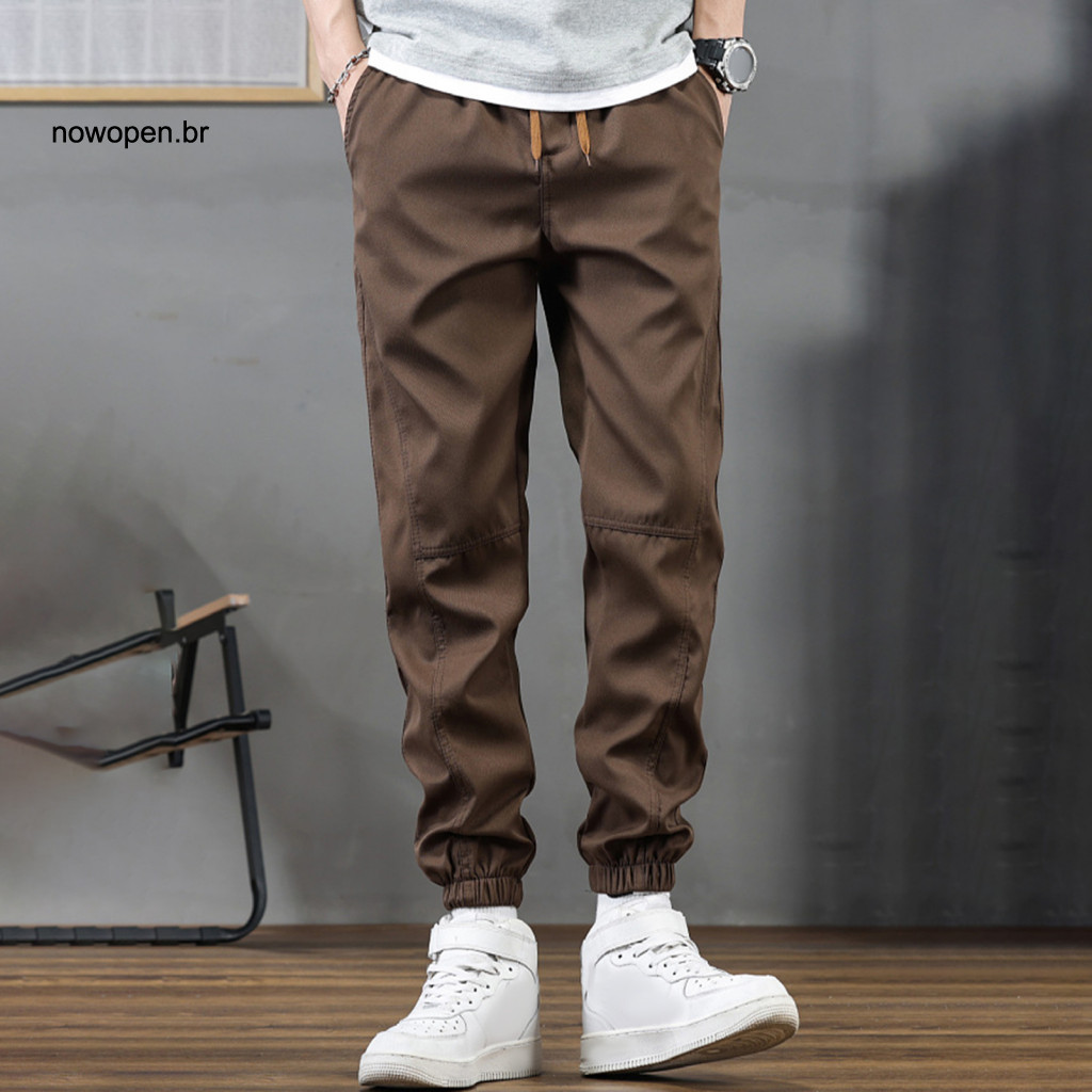 Men Sport Pants Elastic Waistband Men's Spring Fall Cargo Loose Fit Waist Drawstring Multi Pockets Ankle Cuffs Plus Size