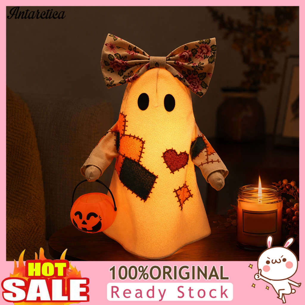 Patchwork Ghost Decoration Pumpkin Lantern Halloween Light Up Quilted Doll with Vintage Rustic Farmhouse Cute Statue for