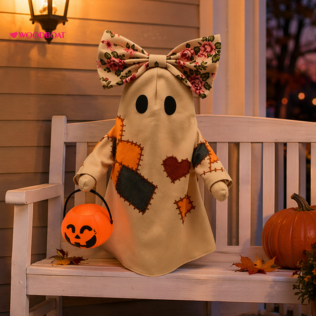 Warm Light Ghost Lantern Patchwork Decoration Halloween Up Quilted Doll with Pumpkin Vintage Rustic Farmhouse Cute Statu