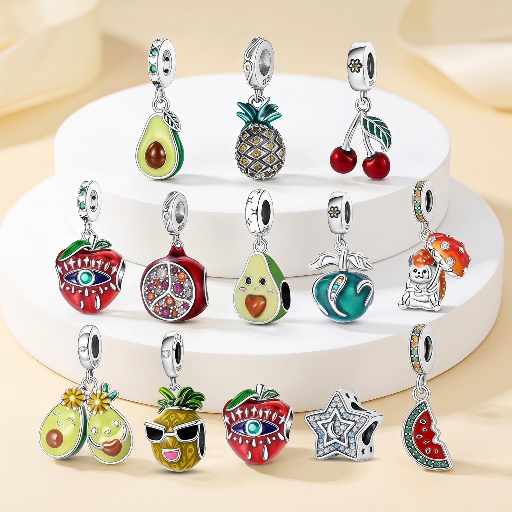 Contas de charme originais s925 pingente de prata morango cereja abacate contas adequadas para pulseira diy fazendo jóia