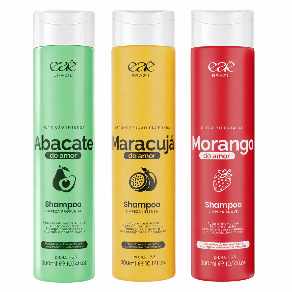 Rodizio De 3x Shampoo Hidratação Morango | Reconstrução Maracuja | Nutrição Abacate 300ml Eae Brazil