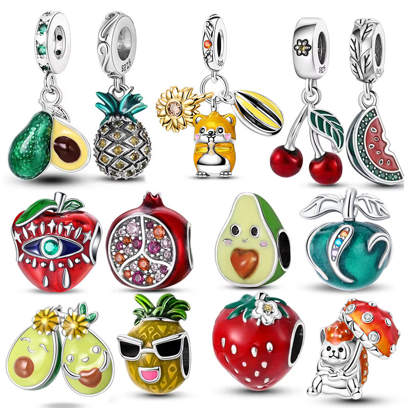 Original S925 prata frisado morango cereja abacate contas adequadas para 3MM pulseira DIY feminino jóias presente