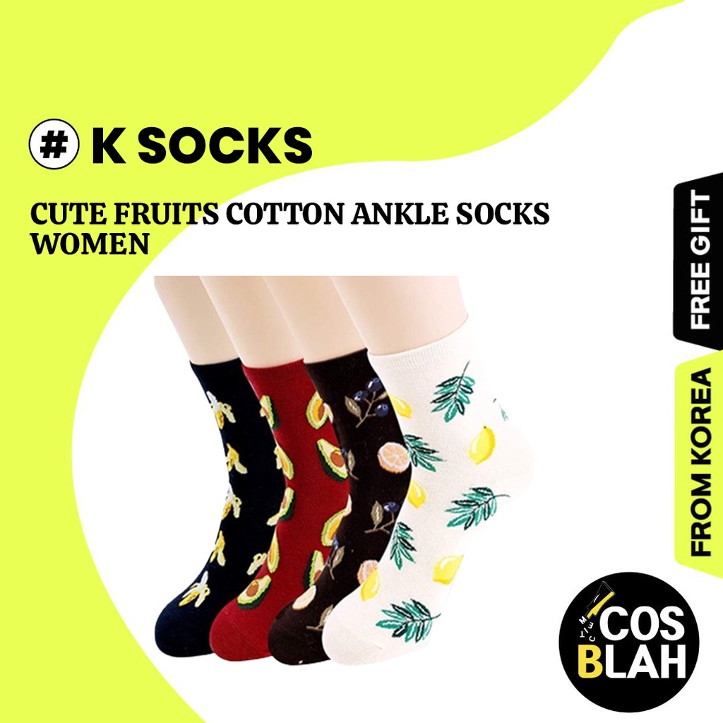 [K-Socks] Meias De Tornozelo De Algodão Com Frutas Fofas Femininas Kawaii Banana Morango Longas Abacate Verde n Moda Rua