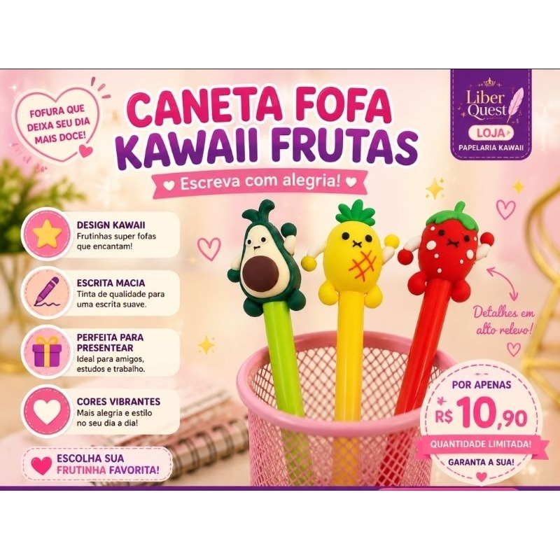 Caneta Fofa Kawaii Frutas Morango Abacaxi Abacate Papelaria Criativa