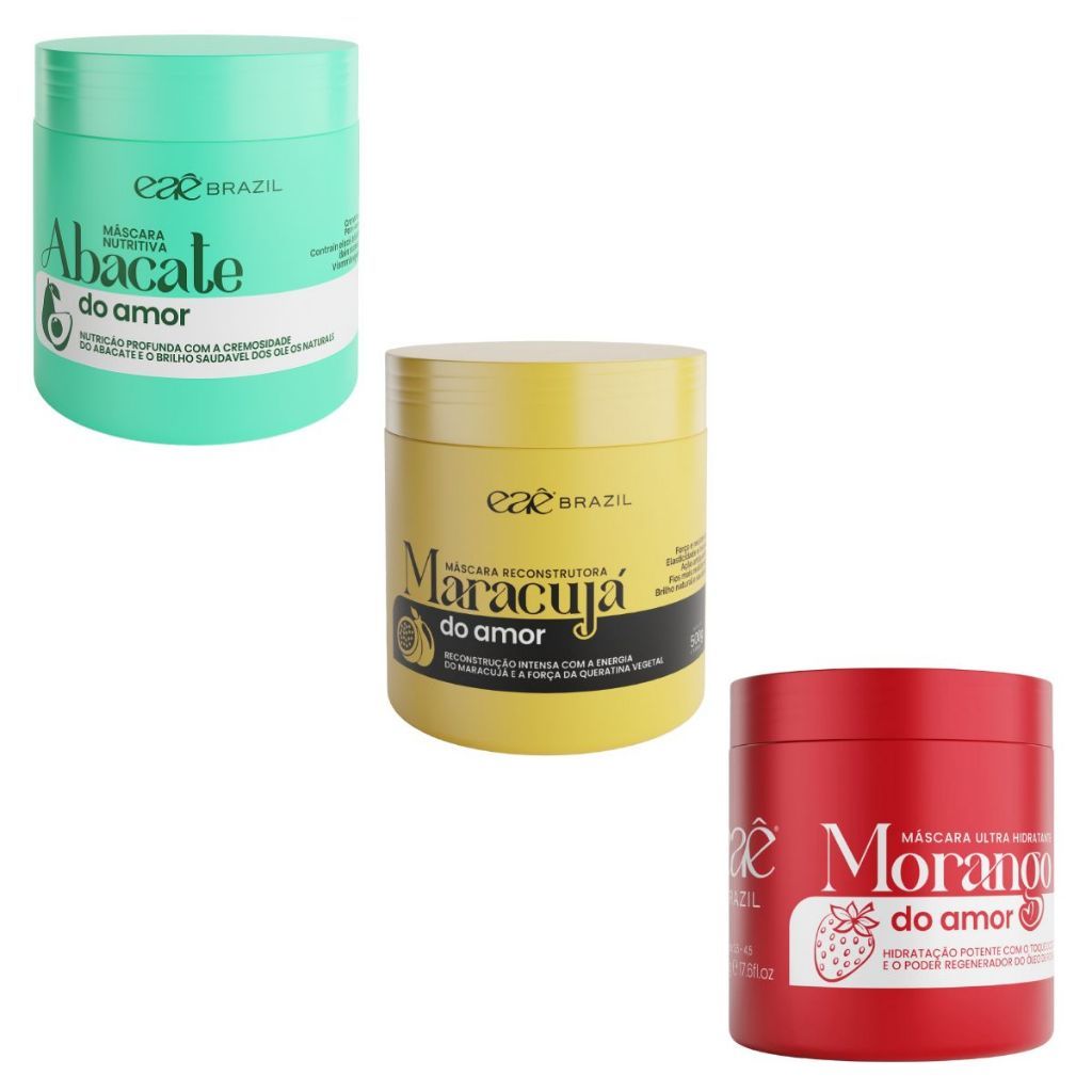 Eaê Cosméticos Brazil 3 Máscaras Cronograma Capilar Morango do Amor - Abacate e Maracujá 3x 500gr