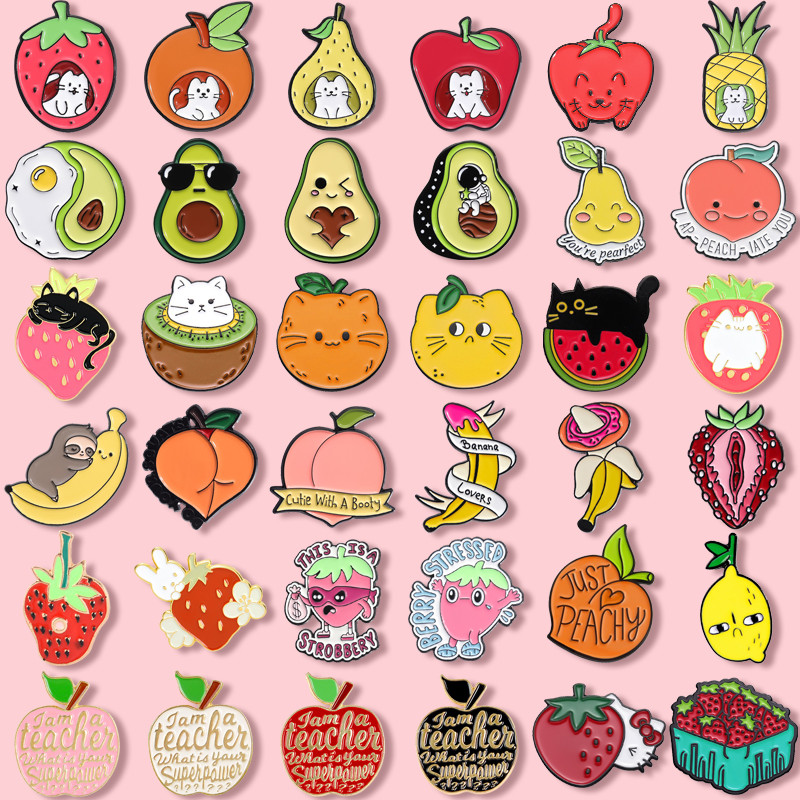 44 Estilos De Desenho Animado Fruta Gato Broche Coleção Criativo Engraçado Abacate Banana Morango Animal Metal Crachá Mo