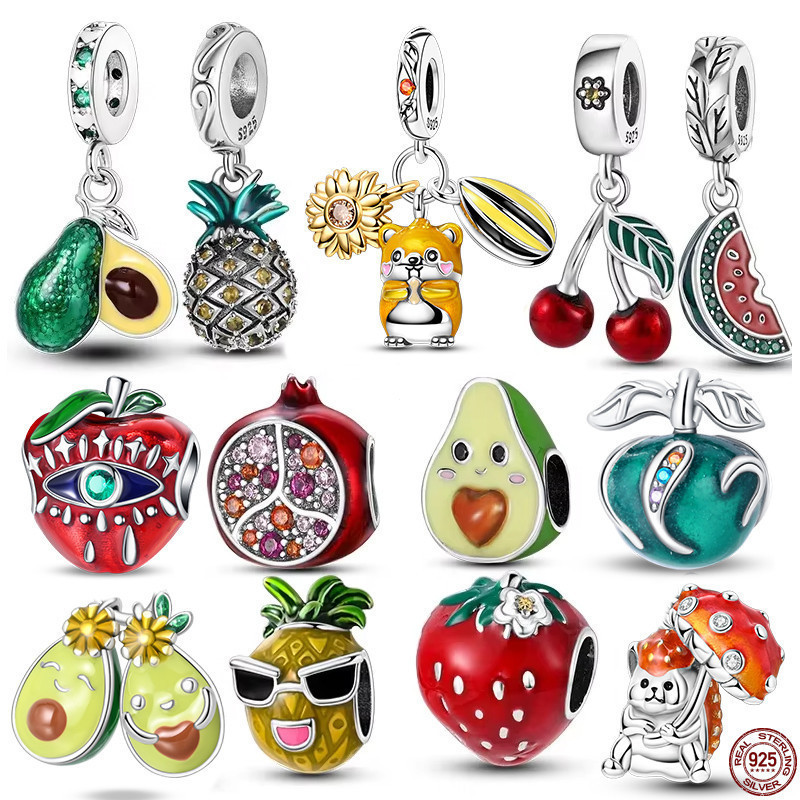 Contas de charme originais s925 pingente de prata morango cereja abacate contas adequadas para pulseira diy fazendo jóia