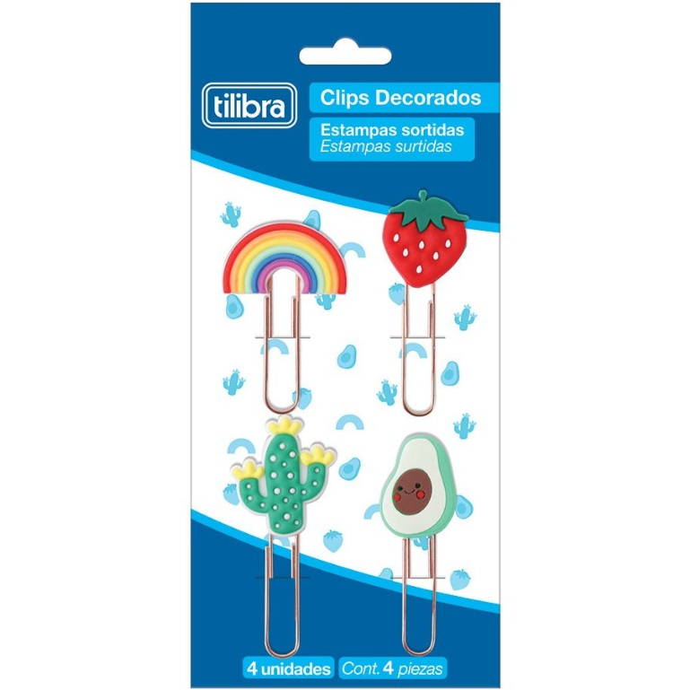 Clips Decorados 50mm 4 Unidades  Morango Cactus Abacate e Arco Iris Tilibra