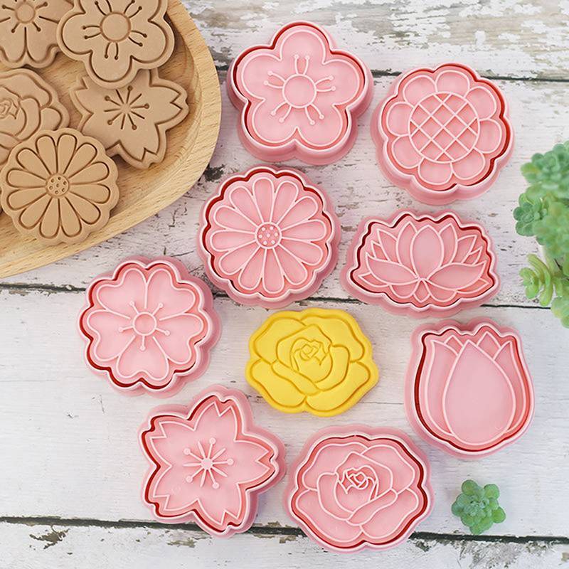 [lovego] 8 Unidades/Conjunto Cortadores De Biscoitos Em Formato De Flor Molde De Biscoito De Plástico 3D Selo DIY Bolo F