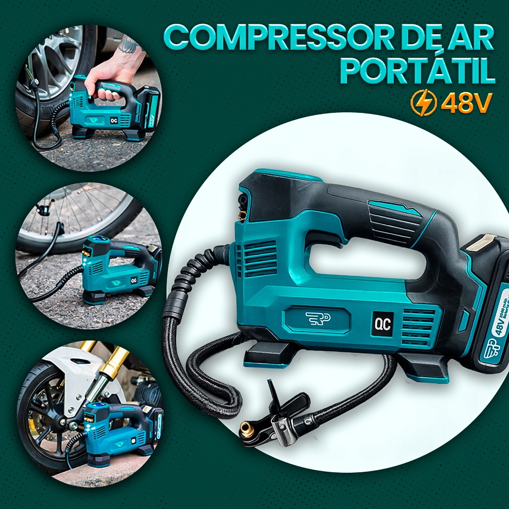Compressor de Ar Bomba Elétrica Portátil Sem Fio 48V Calibrador Regulador Digital 120 PSI 2 Baterias