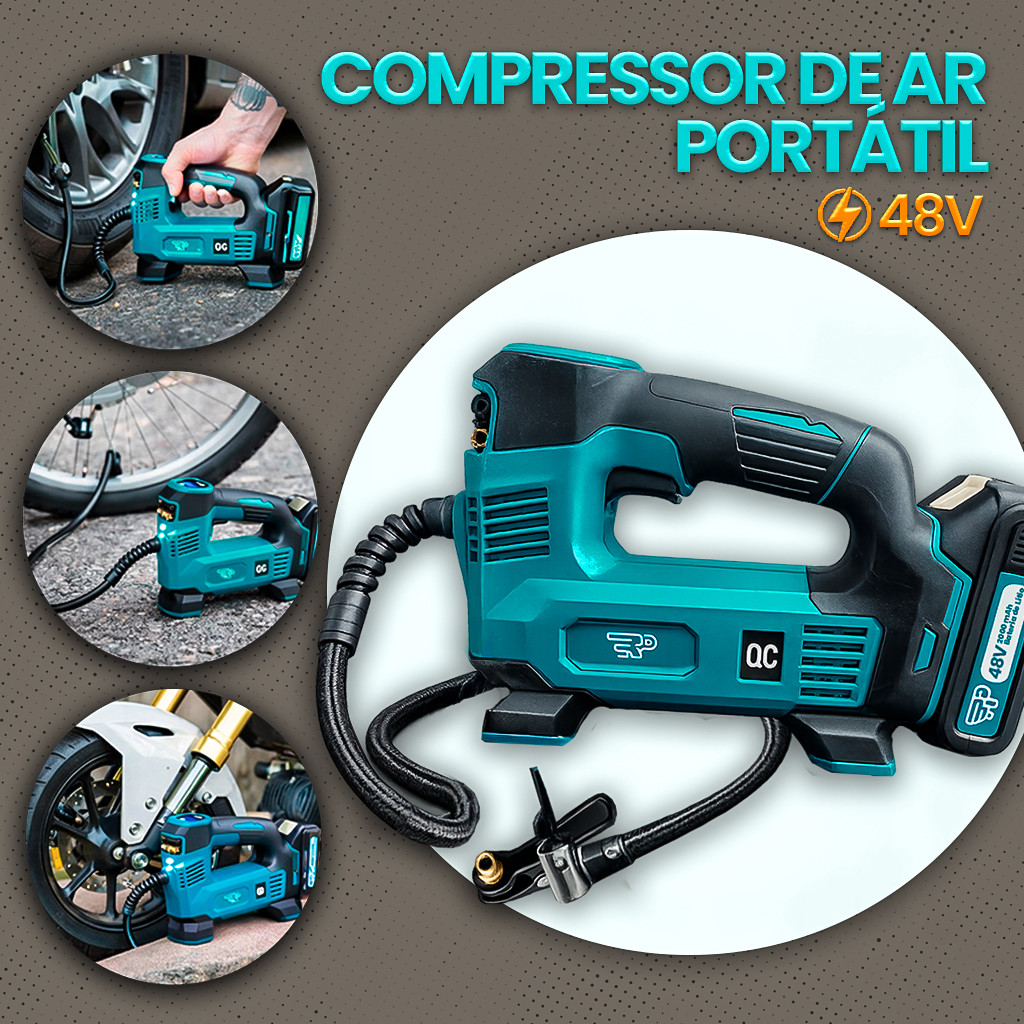 Compressor de Ar Bomba Elétrica Portátil Sem Fio 48V Calibrador Regulador Digital 120 PSI 2 Baterias