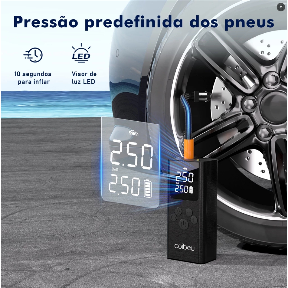COIBEU Compressor de Ar Portátil Inteligente AI Bomba Digital Carro Bicicleta Moto Modos Automáticos