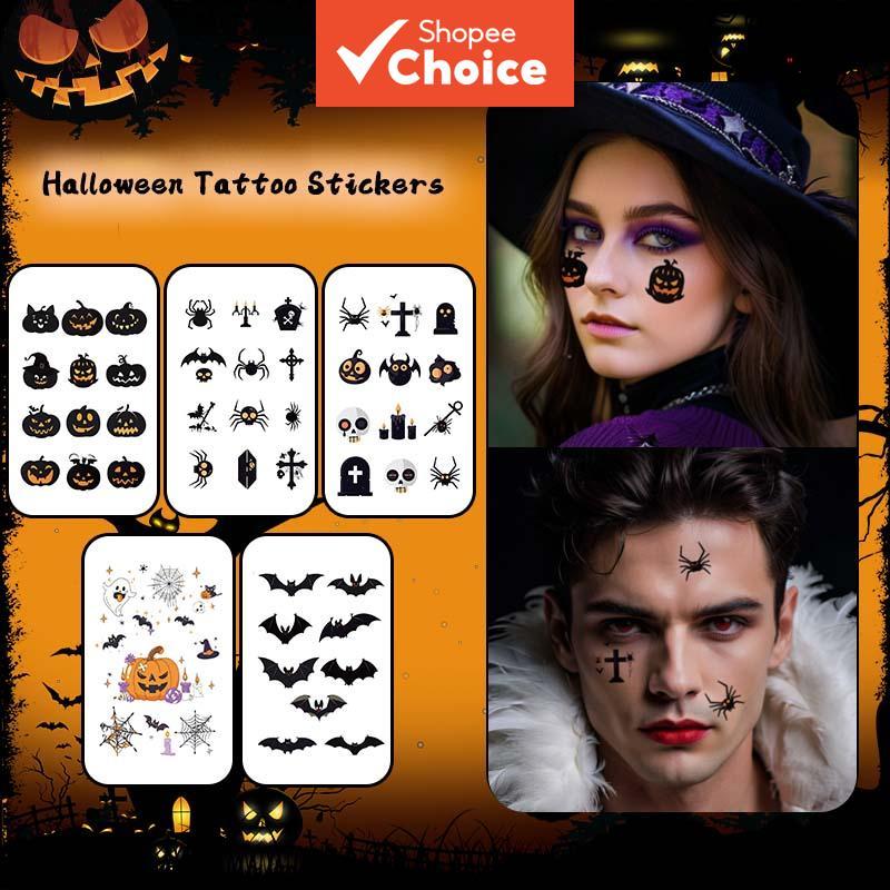 5 Pçs À Prova Dwaterproof Água Halloween Tatuagens Temporárias Abóbora Morcego Aranha Web Fantasma Crânio Chapéu Mágico