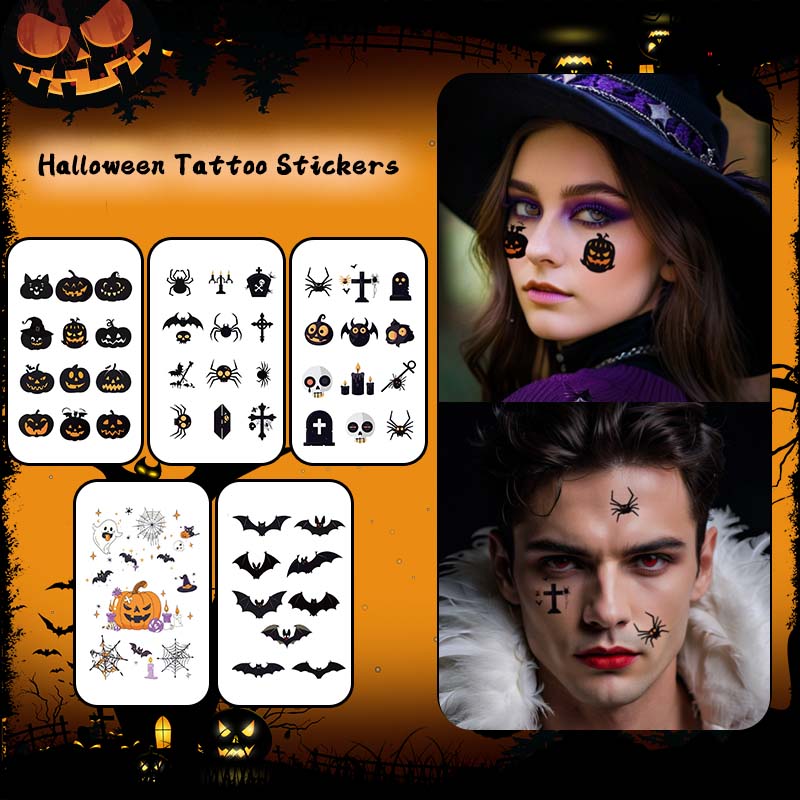 5 Pçs À Prova Dwaterproof Água Halloween Tatuagens Temporárias Abóbora Morcego Aranha Web Fantasma Crânio Chapéu Mágico
