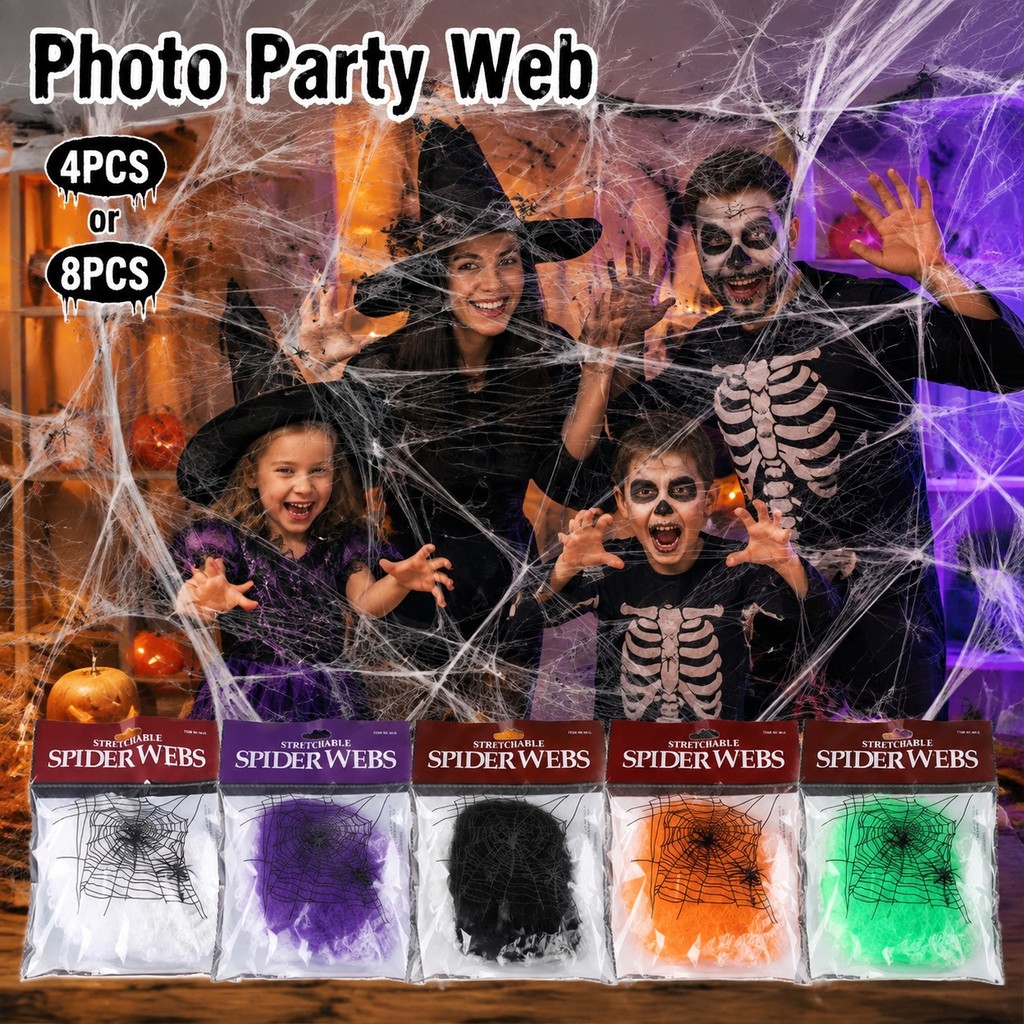 4/8 Pcs Halloween Spider Web Props Teia De Aranha Falsa Extensível Para Galho De Mesa De Porta E Decoração De Janela