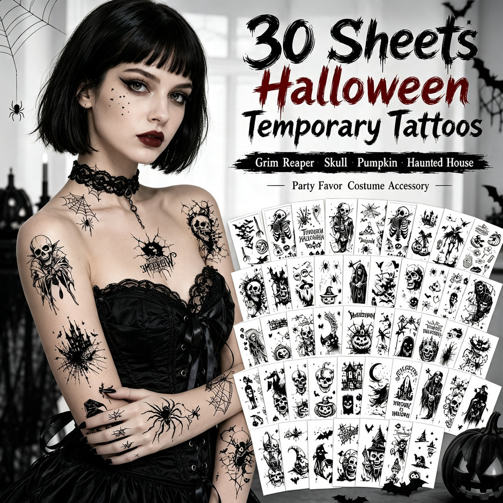 30 Pc/set Adesivos De Tatuagem De Halloween À Prova Dwaterproof Água Goth Grim Reaper Esqueleto Fantasma Aranha Web Home