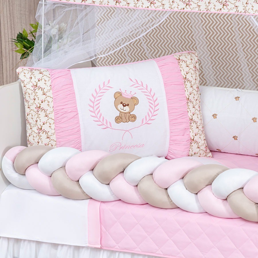 Kit Berco Teddy Tranca 11 Pcs Menina Ursinha Princesa Rosa Bebe Floral Protetor American Mosquiteiro