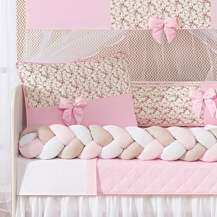 Kit Berço Doce Bebê Trança 11 Pcs Menina Laços Rosa Bebê Floral Protetor Americano Mosquiteiro