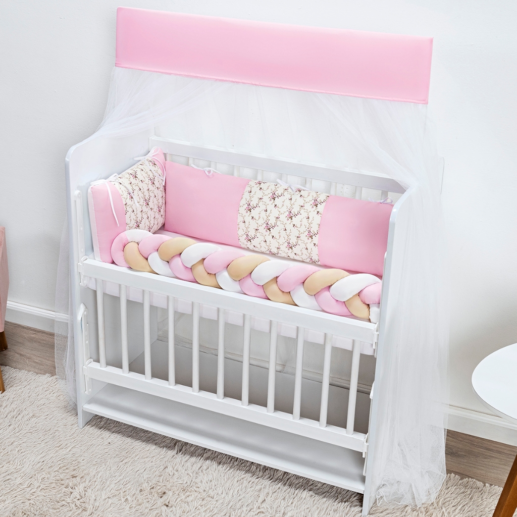 Kit Mini Berço Fofuxo Trança Estampado Floral Rosa Menina 6Pcs