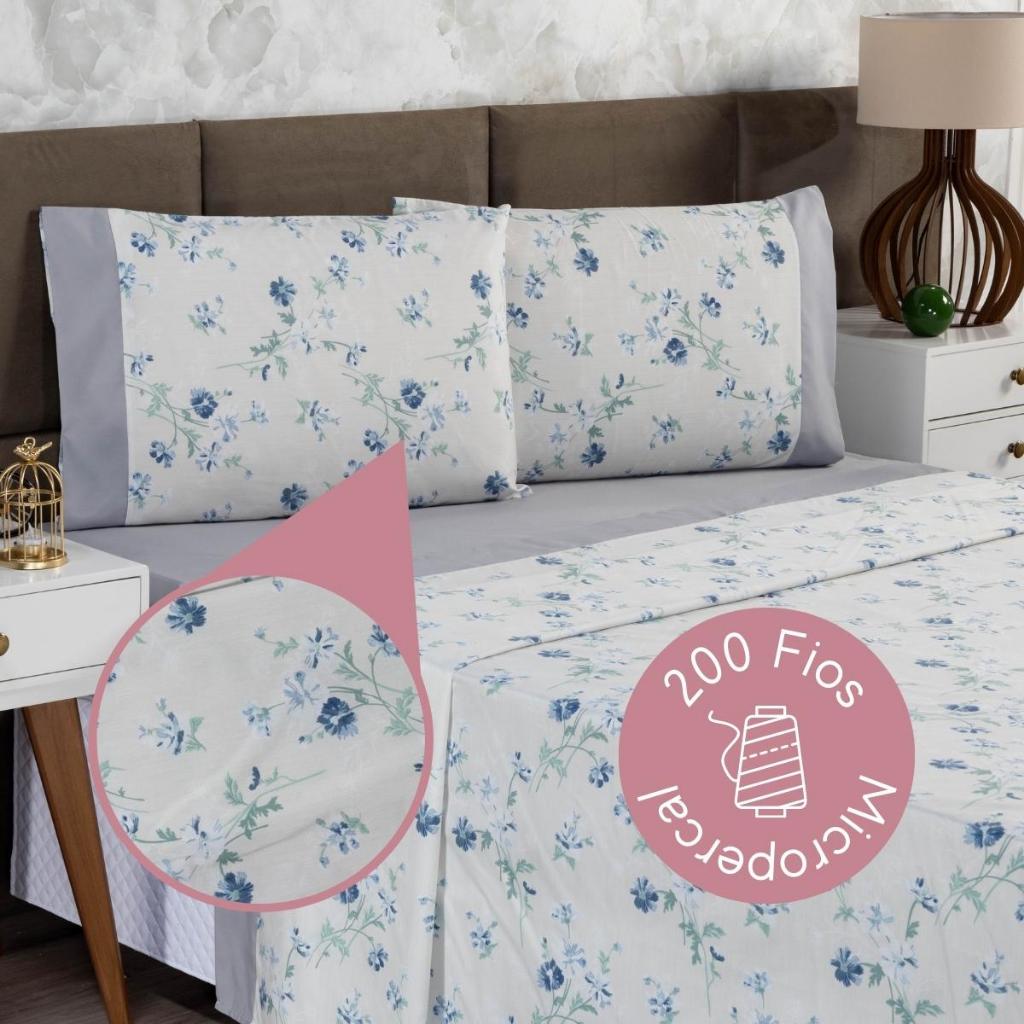 Jogo de Lençol Casal 4 Peças Estampado 200 Fios Floral Casa Dona